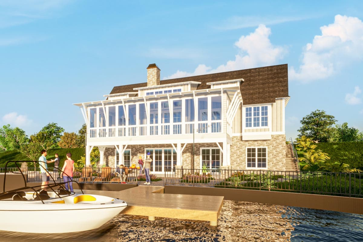 House plan exterior: Two-story home with prominent sunroom, stone base, and multiple gables.