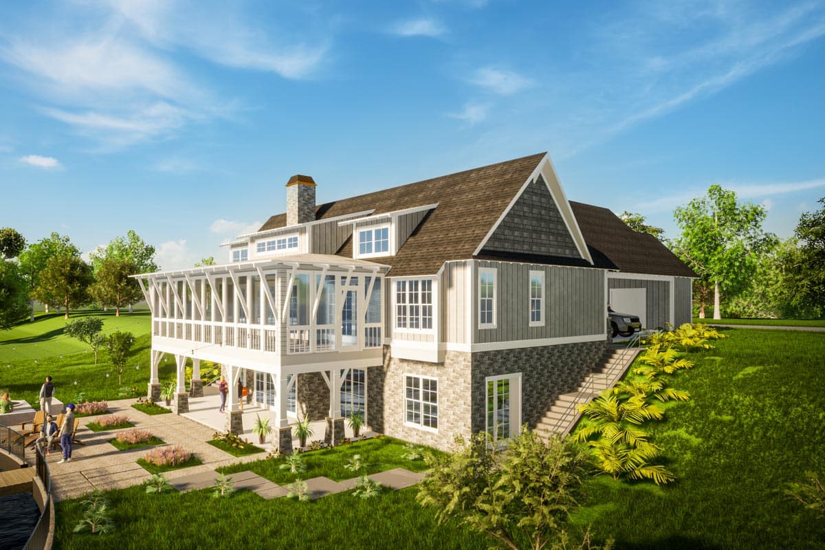 House plan exterior of a two-story home with a wraparound porch, stone and vertical siding, and a gabled roofline.