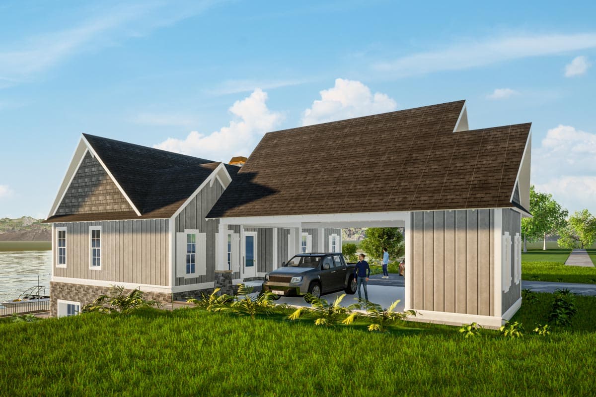 House plan exterior, one-story, Modern Farmhouse style, with a two-car carport, prominent gable, and board-and-batten siding.