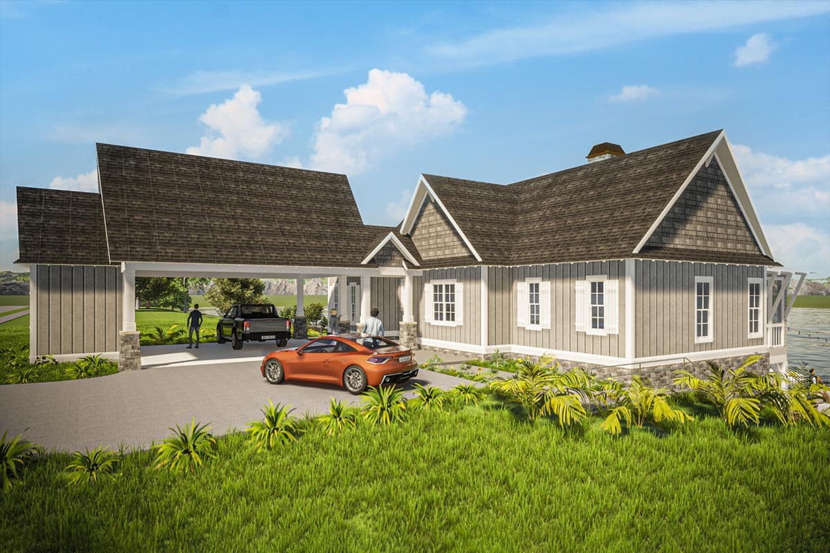 House plan exterior. Two-story with gabled roof, covered carport, and horizontal siding. Features include gable end detailing and stone veneer base.