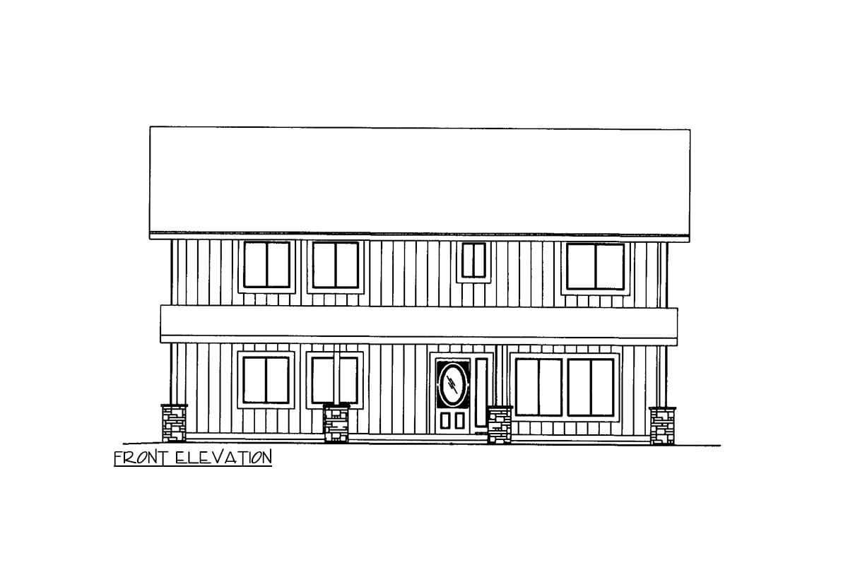 Front elevation drawing of a two-story house plan featuring a central entrance, porch with decorative columns, and multiple windows.
