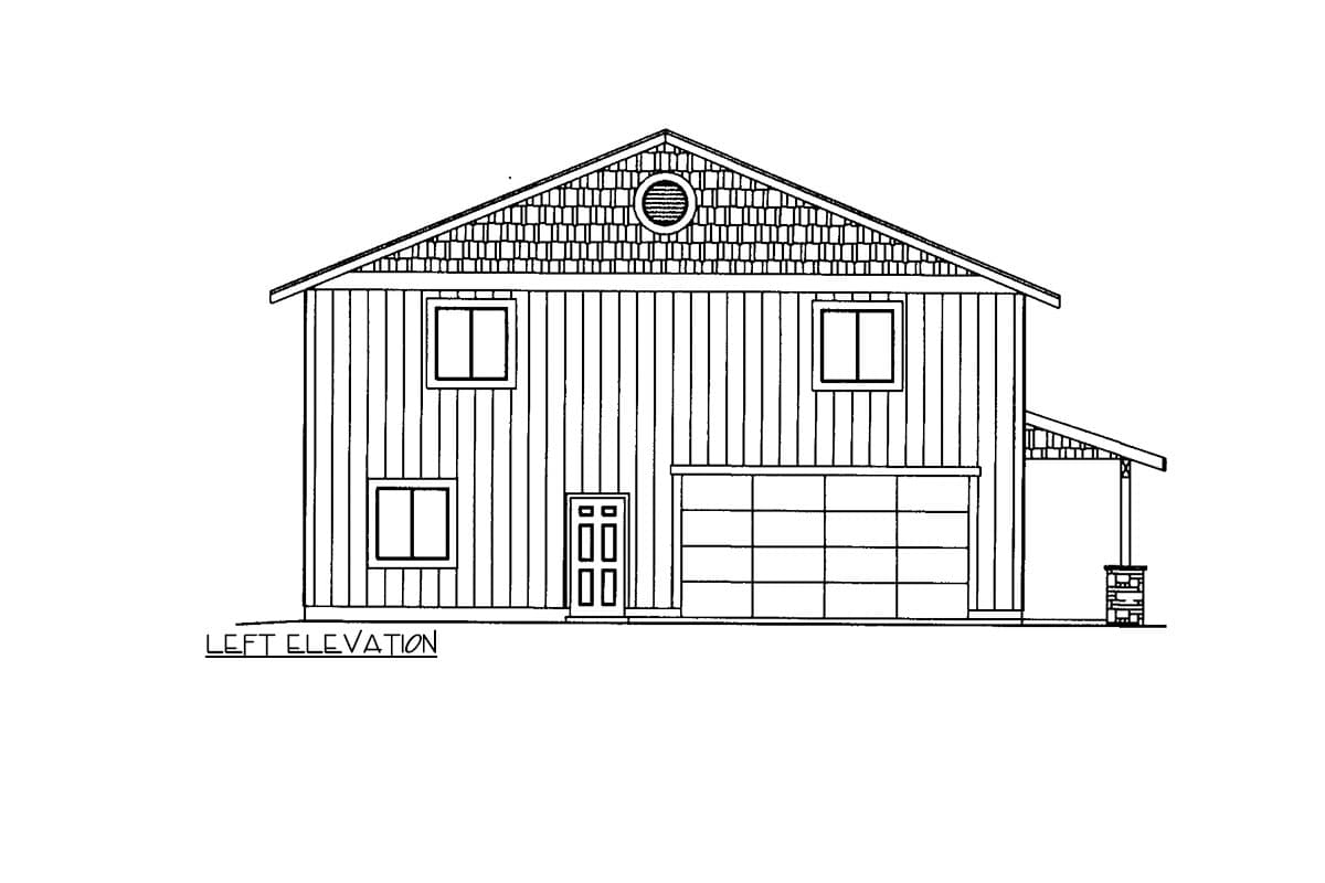 Left elevation house plan: two-story vertical siding, gable roof with circular vent, entry door, garage door, and covered porch.