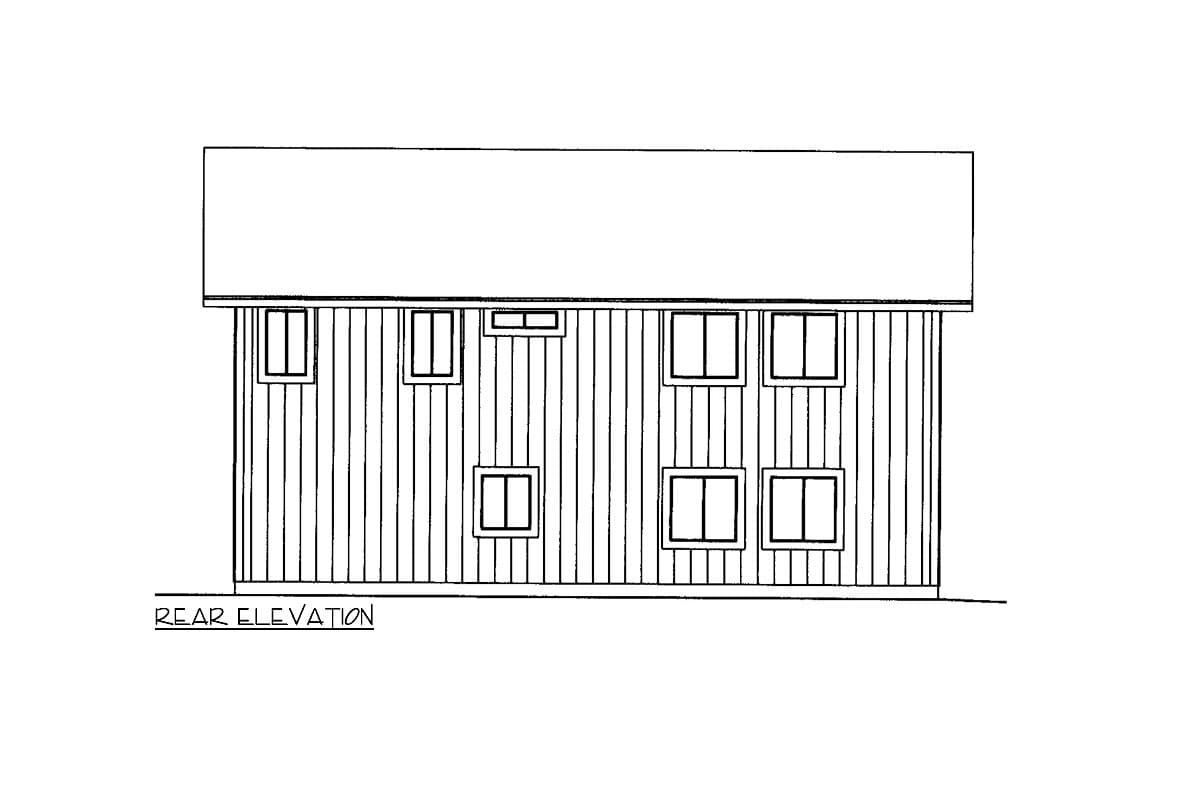 Rear elevation drawing of a two-story house with vertical siding and multiple windows on each level.