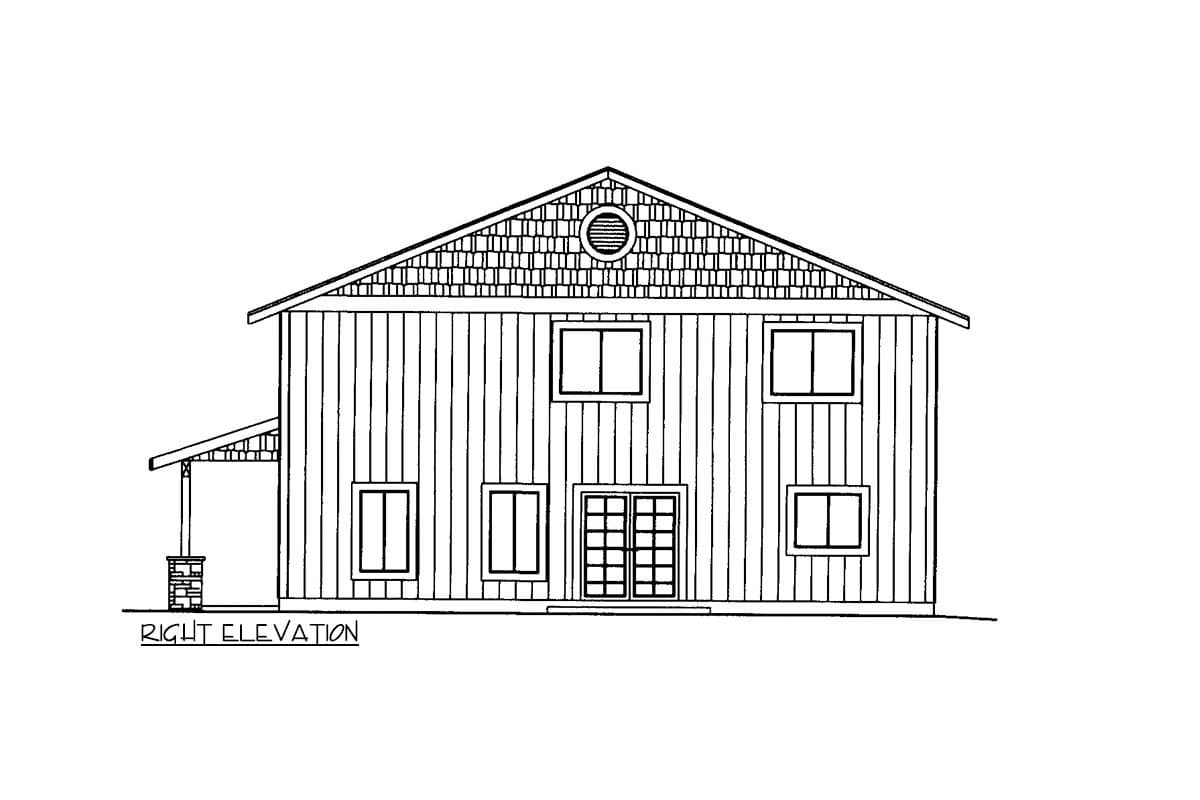 Right elevation house plan drawing with vertical siding, gable, roof dormer, and covered entry.