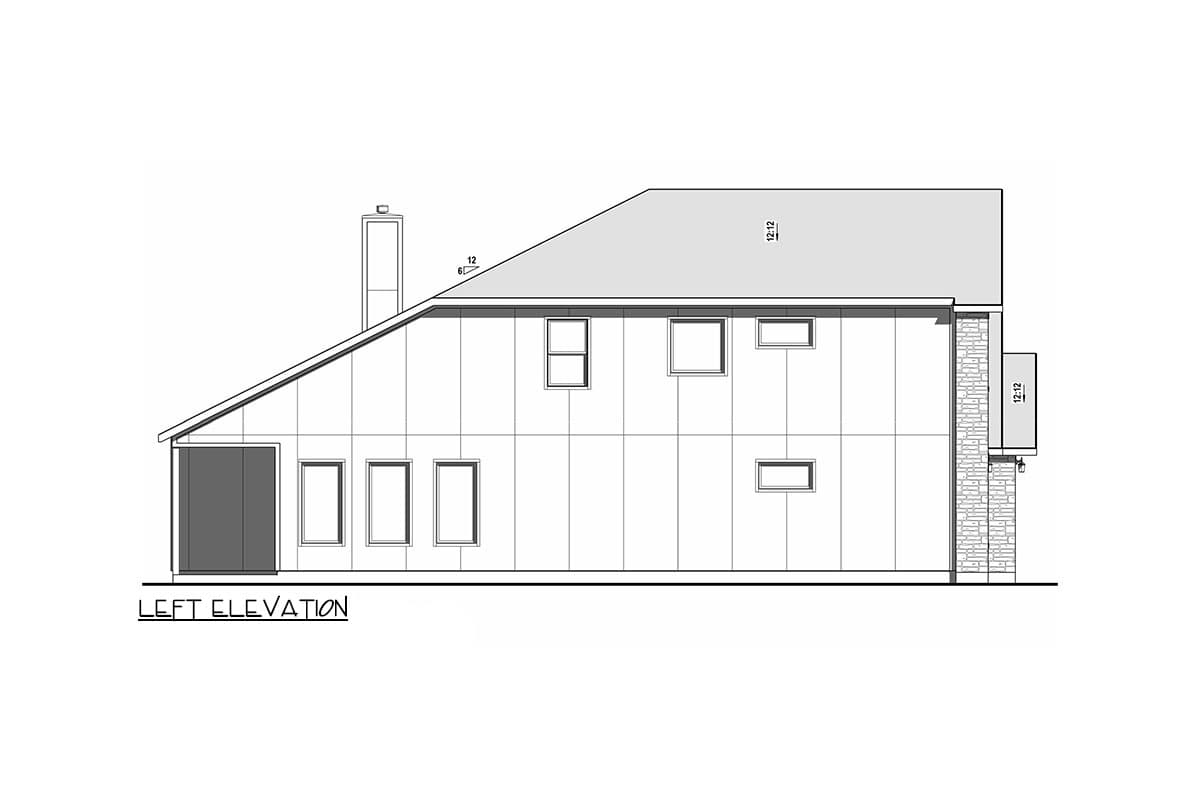 Left elevation of a house plan showing a sloped roof, large windows, chimney, and stone accent on a right-side support.
