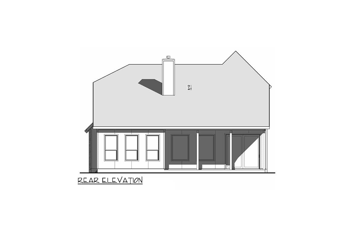 Rear elevation drawing shows a house with a chimney, three windows, covered porch, and sliding glass doors.