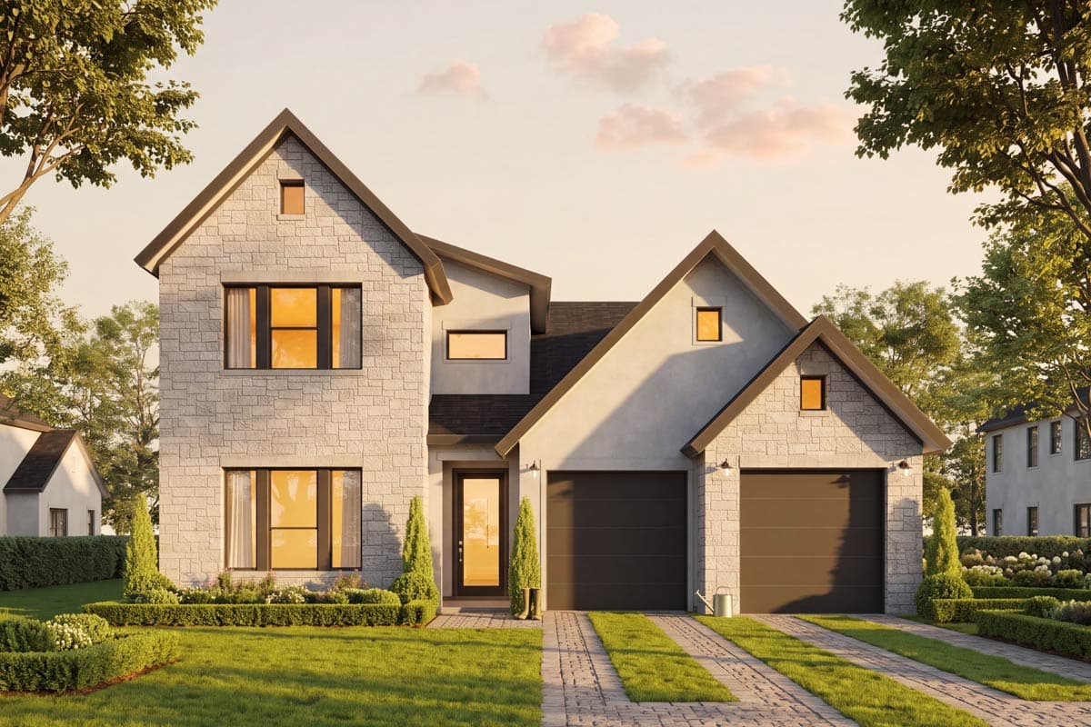 House plan exterior with two stories, stone facade, gabled roof, and two-car garage. Features include dormers and a covered entry.