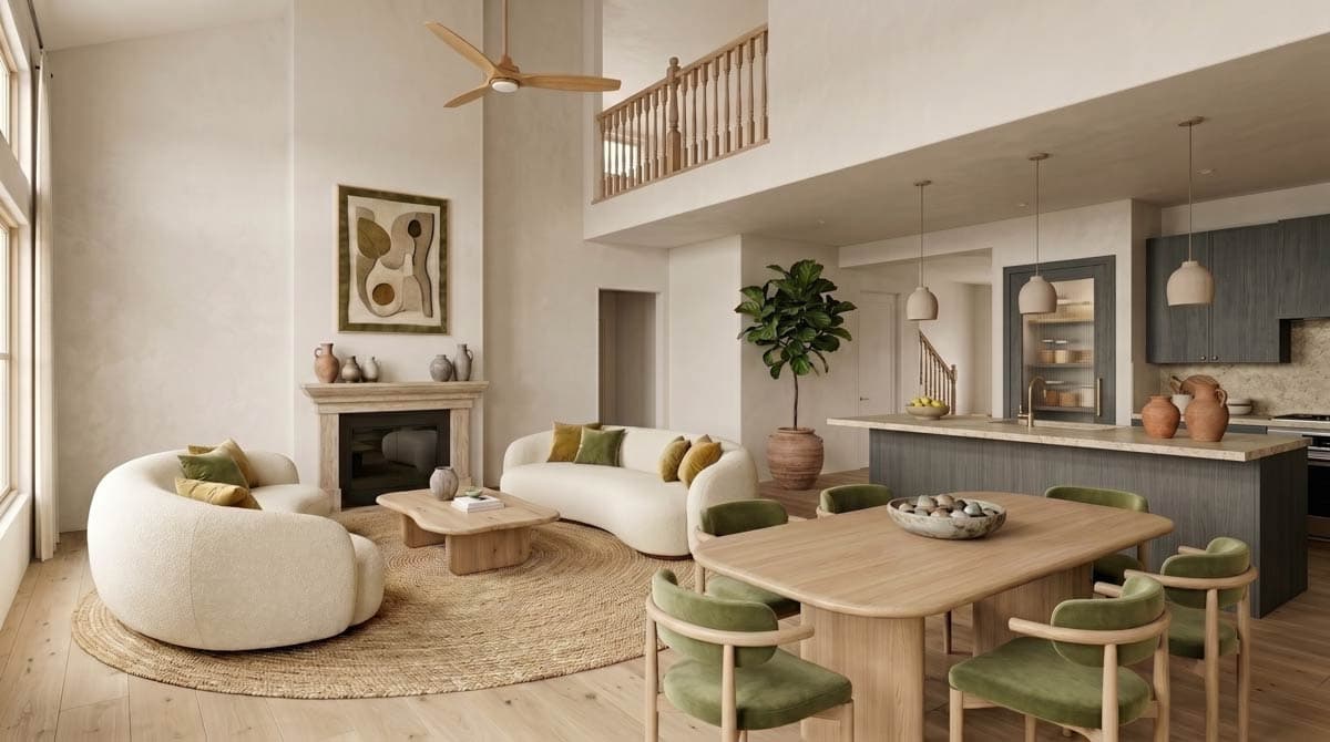 Open-concept living and dining area with vaulted ceilings, fireplace, kitchen island, and lofted walkway.