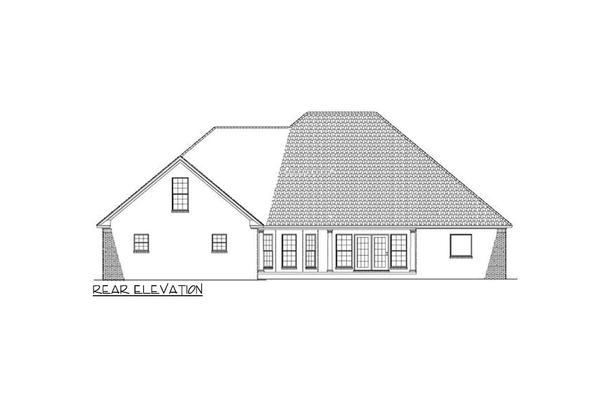 Rear elevation drawing of a house plan with a pitched roof, multiple windows, French doors, and a covered porch with columns.