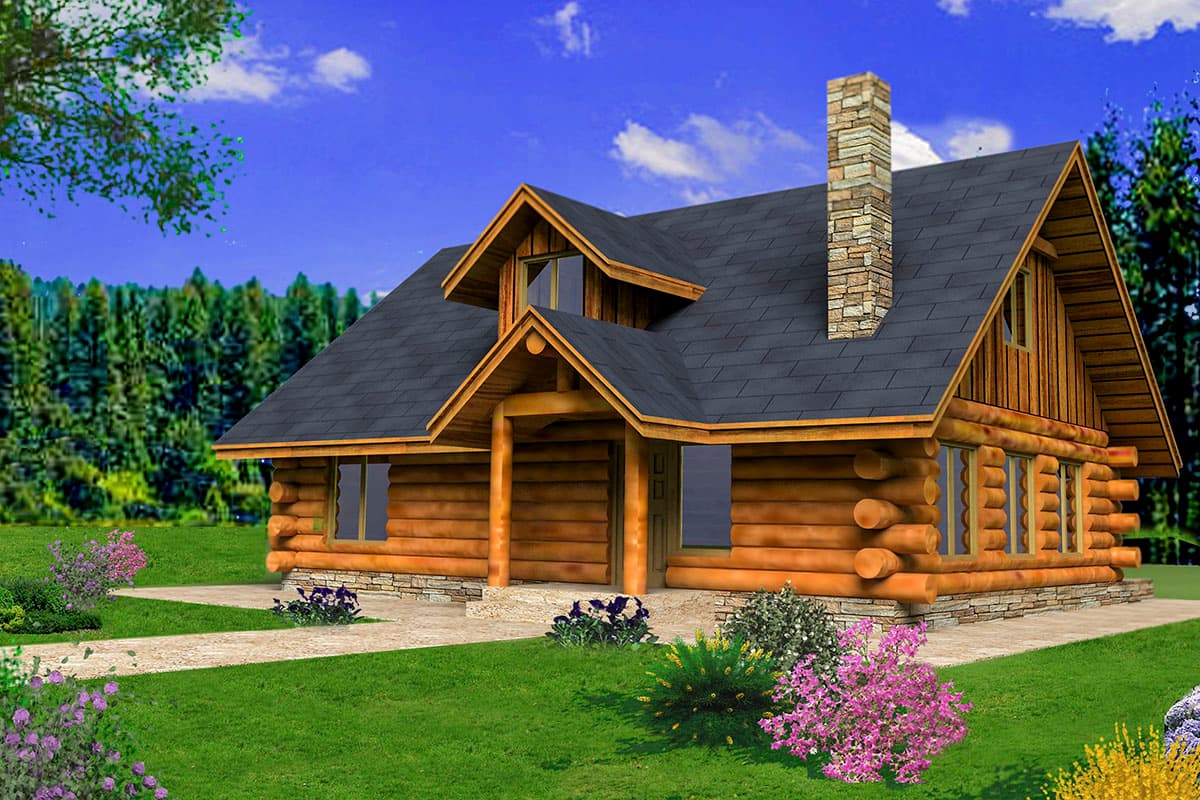 Log cabin house plan exterior with stone chimney, timber frame entrance, and multiple gables.