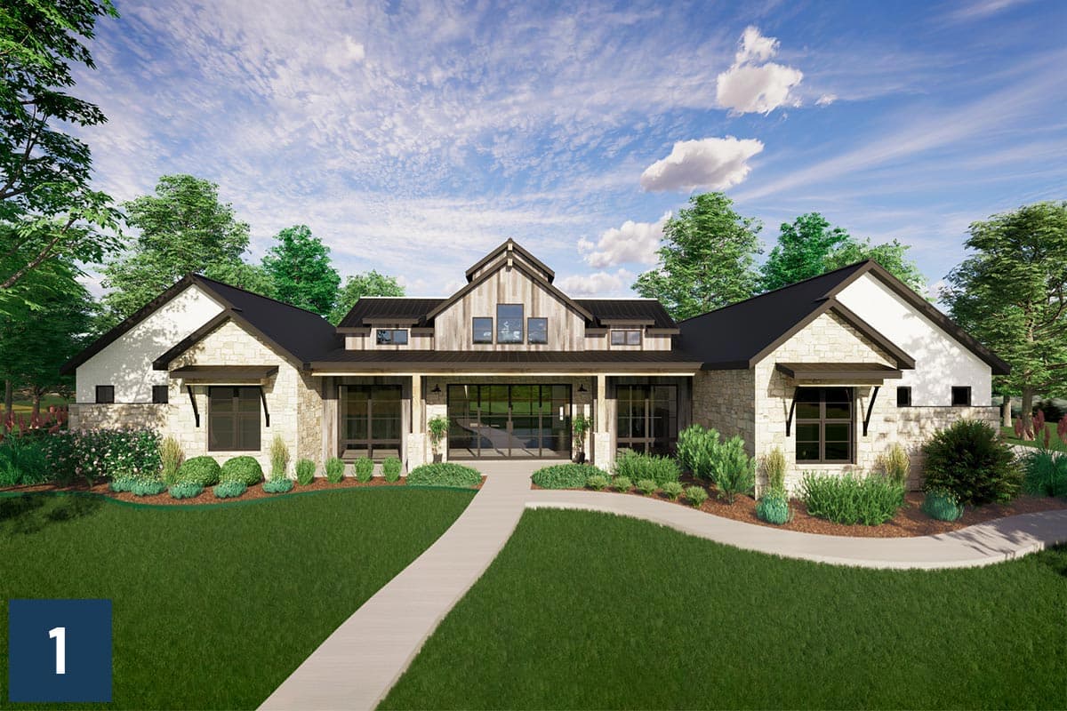 House plan exterior: Modern Farmhouse style, one story, with stone and wood siding, prominent gables, and a covered entrance.