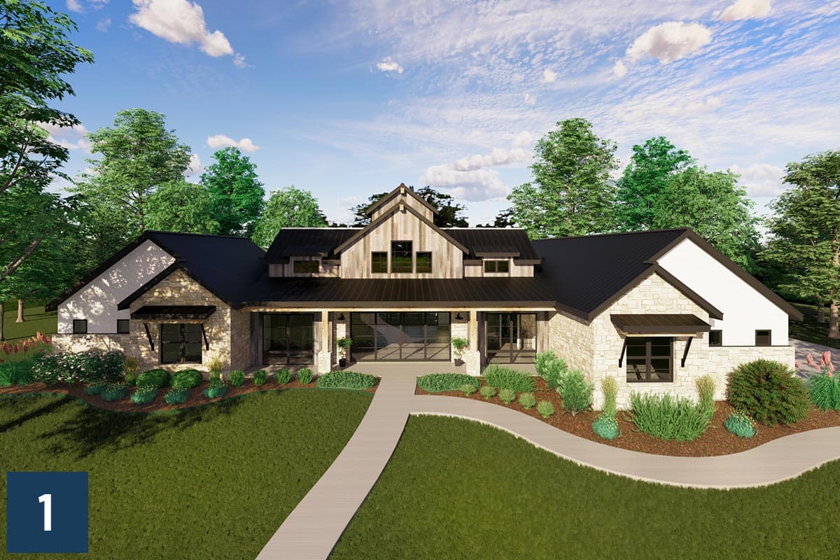 Modern Farmhouse house plan exterior with stone accents, a deep covered porch, and a prominent gable with wood siding.