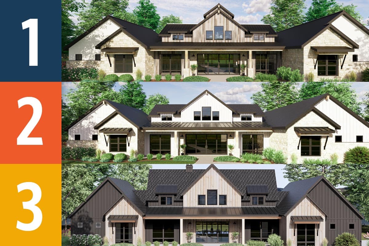 House plan exterior featuring a Modern Farmhouse style with a gabled roof, covered porch, and awning windows.