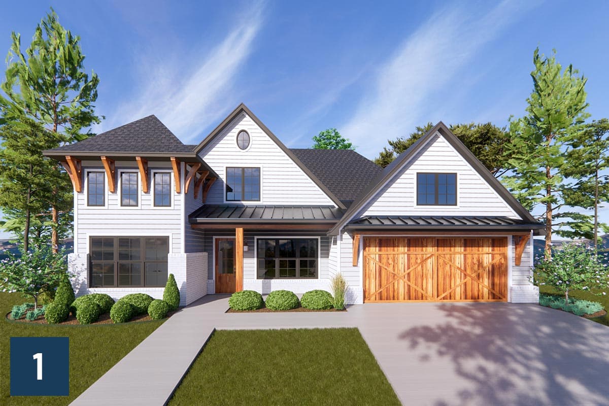 Modern Farmhouse house plan exterior. Two stories with gables, dormers, decorative wooden brackets, and a detached garage with wooden doors.