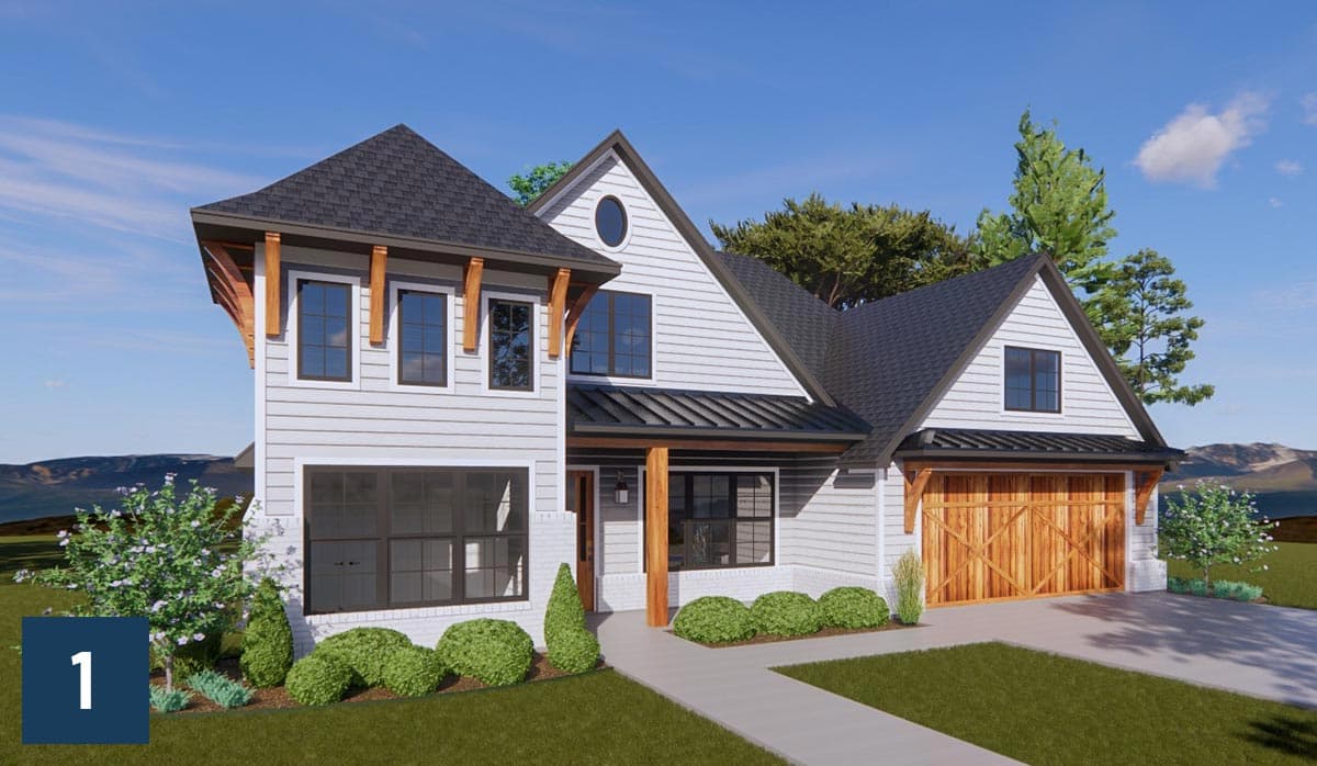 House plan exterior showing a two-story Modern Farmhouse with gables, a circular dormer, a covered entry, and a wooden garage door.