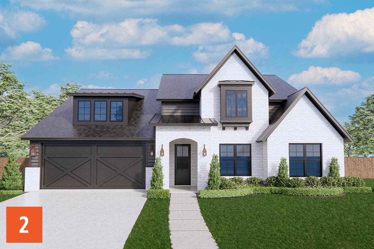 House plan exterior: Modern Farmhouse style, two-story with attached garage, white brick facade, gable dormer, and dark wood garage door.