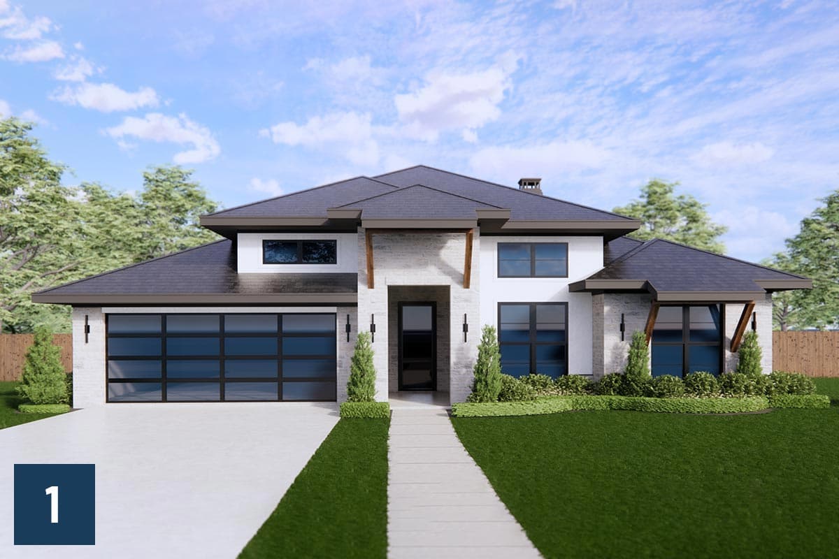 Modern two-story house plan exterior with white brick, a dark gable roof, and a glass garage door.