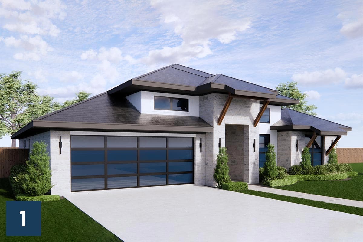 House plan exterior with modern style, stone facade, large glass garage door, and dramatic rooflines.