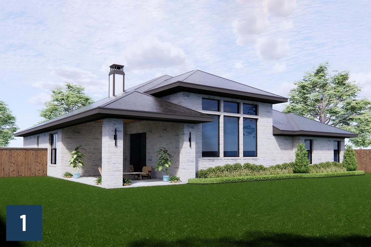 House plan exterior rendering of a one-story modern home with stone facade, covered porch, and large windows.