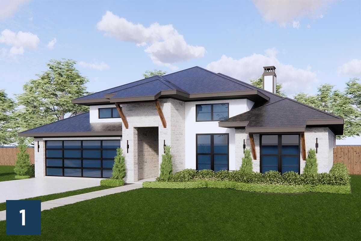 House plan exterior: Modern style, two stories, white brick, dark-framed windows, pitched roof, and garage.