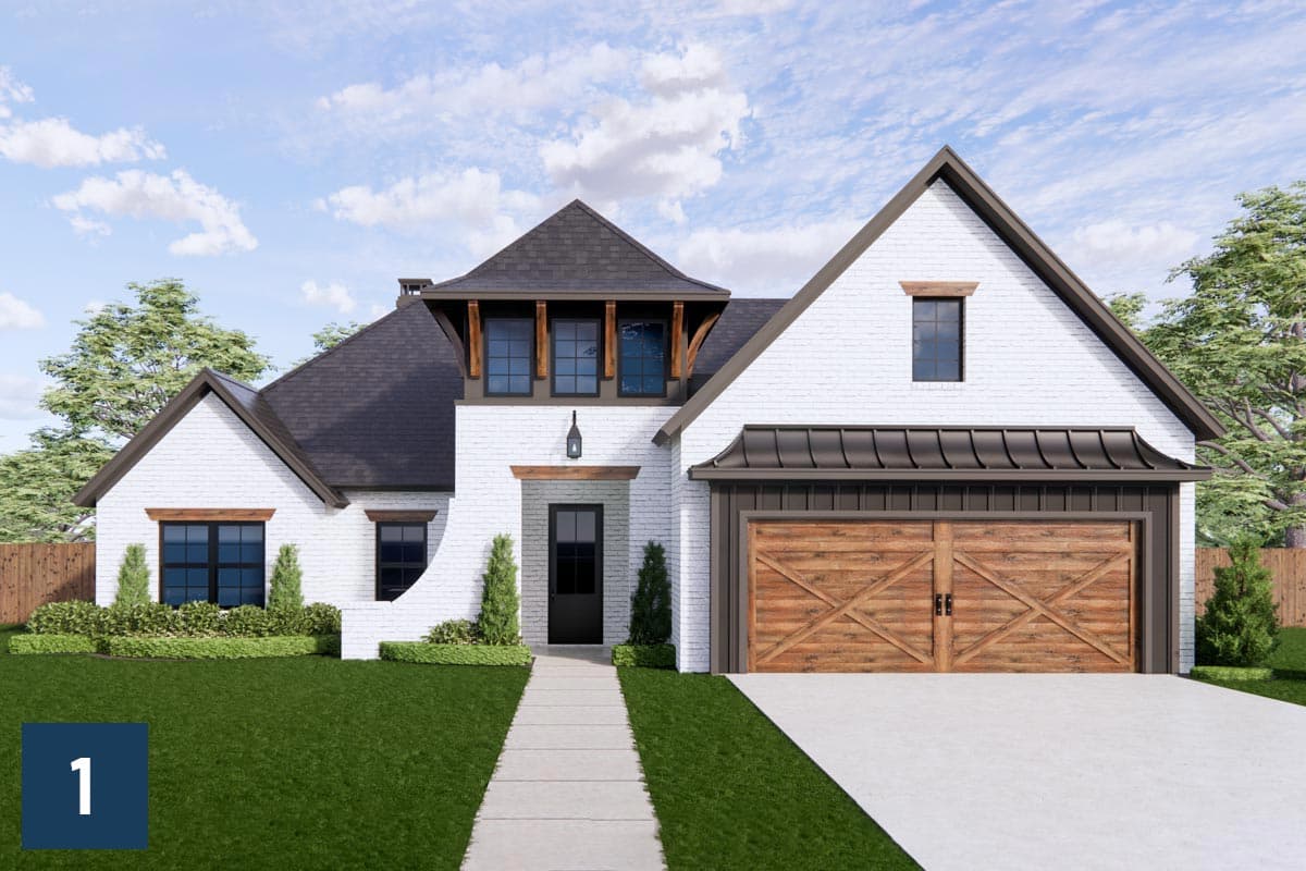 House plan exterior: Modern Farmhouse style, white brick, dormer with wood beams, metal roof porch, and double garage with X-pattern doors.