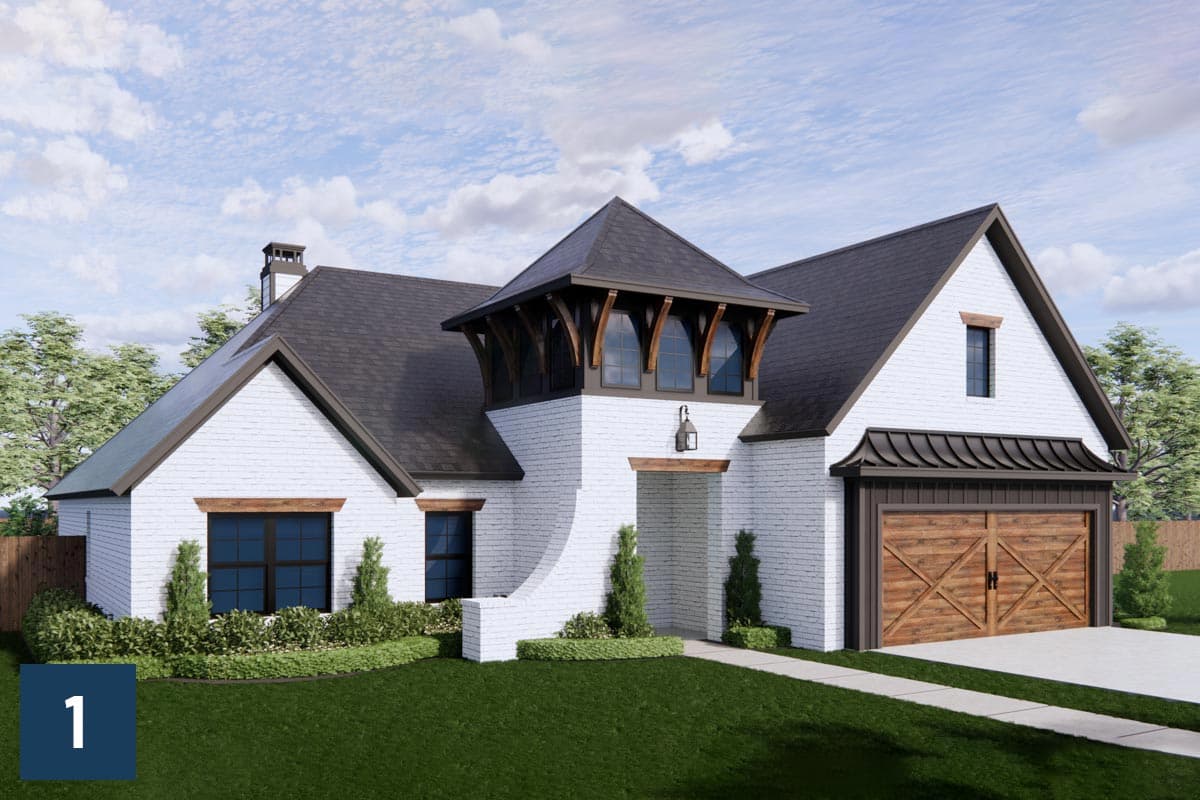 House plan exterior, one-story white brick home with gables, prominent pitched roof turret, and wood garage door.