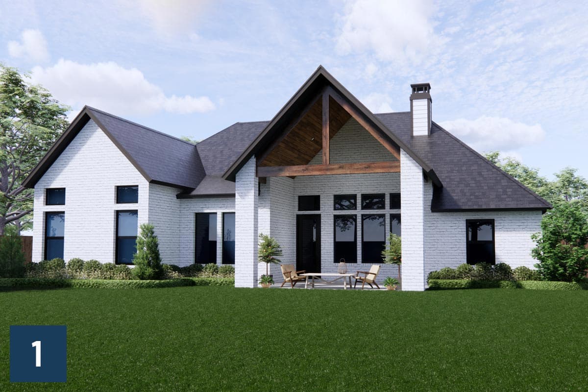 House plan exterior: Modern style, white brick, prominent gable with exposed beams, large windows, and covered porch with seating.