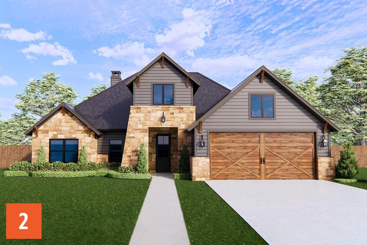 House plan exterior: Modern Farmhouse style with stone accents, a prominent gable, dormer, and wood garage doors.
