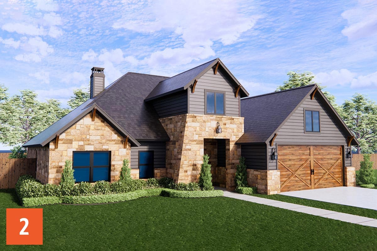 House plan exterior of a two-story Modern Farmhouse with stone accents, gables, and a side-entry garage.