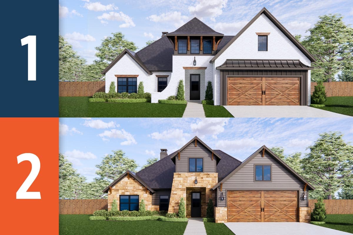 House plan exterior. Two-story Modern Farmhouse with gables, dormers, and a detached garage. Includes white brick and wood accents.