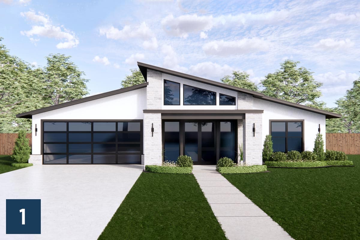 Modern house plan exterior with angled roof, large glass garage door, and triangular windows above the entrance.