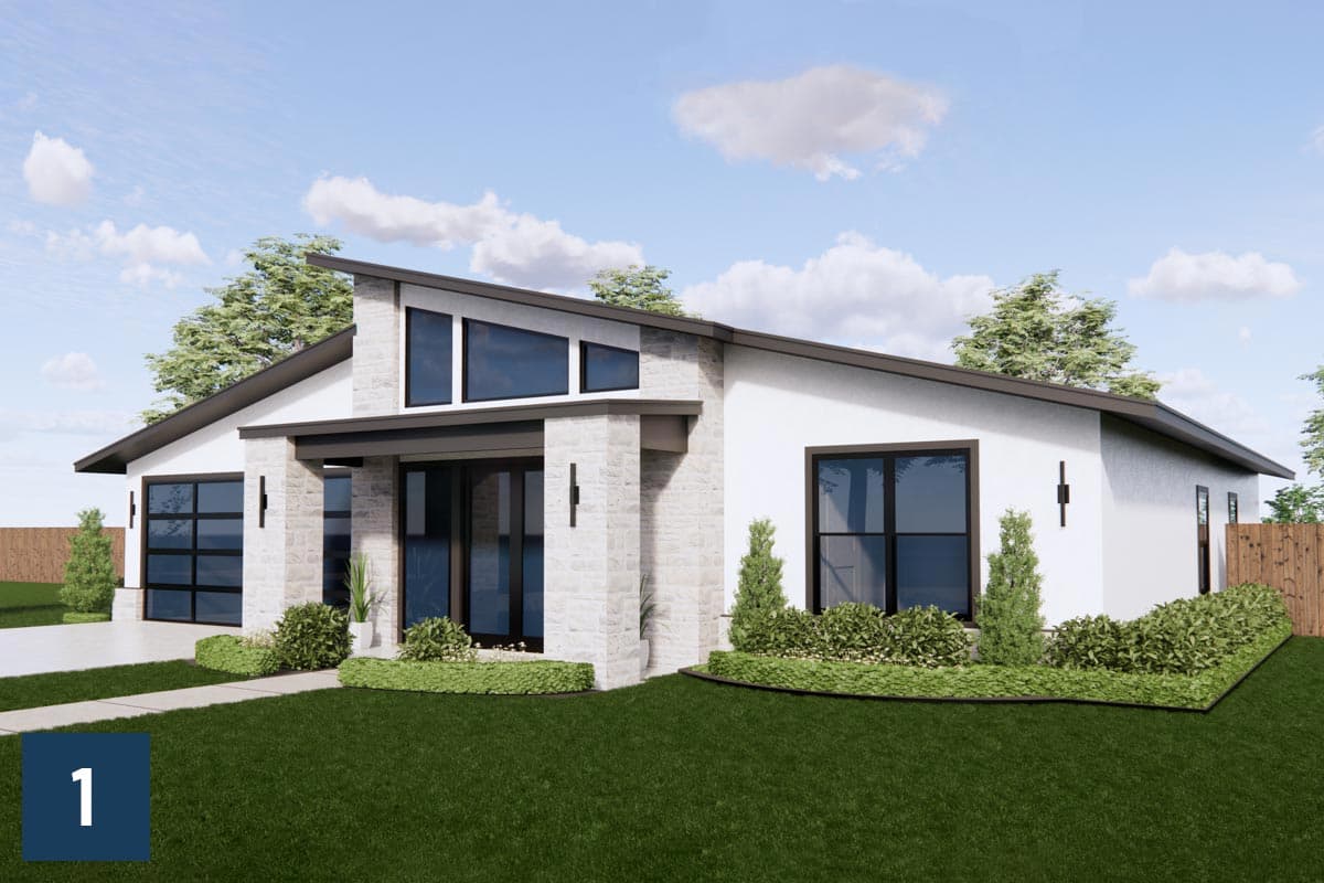 Modern ranch house plan exterior with a steep gable roof, stone accents, large windows, and attached garage with glass door.
