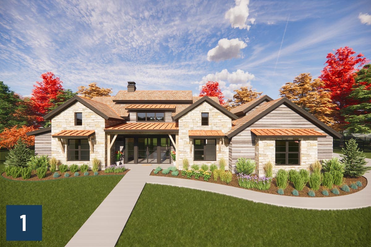 House plan exterior: Modern Farmhouse style, stone and wood siding, multiple gables, covered entrance, and prominent dormers.