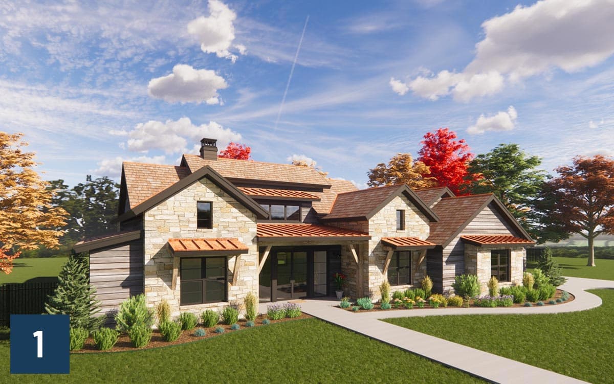House plan exterior with stone and wood siding, multiple gables, and copper awnings over windows.