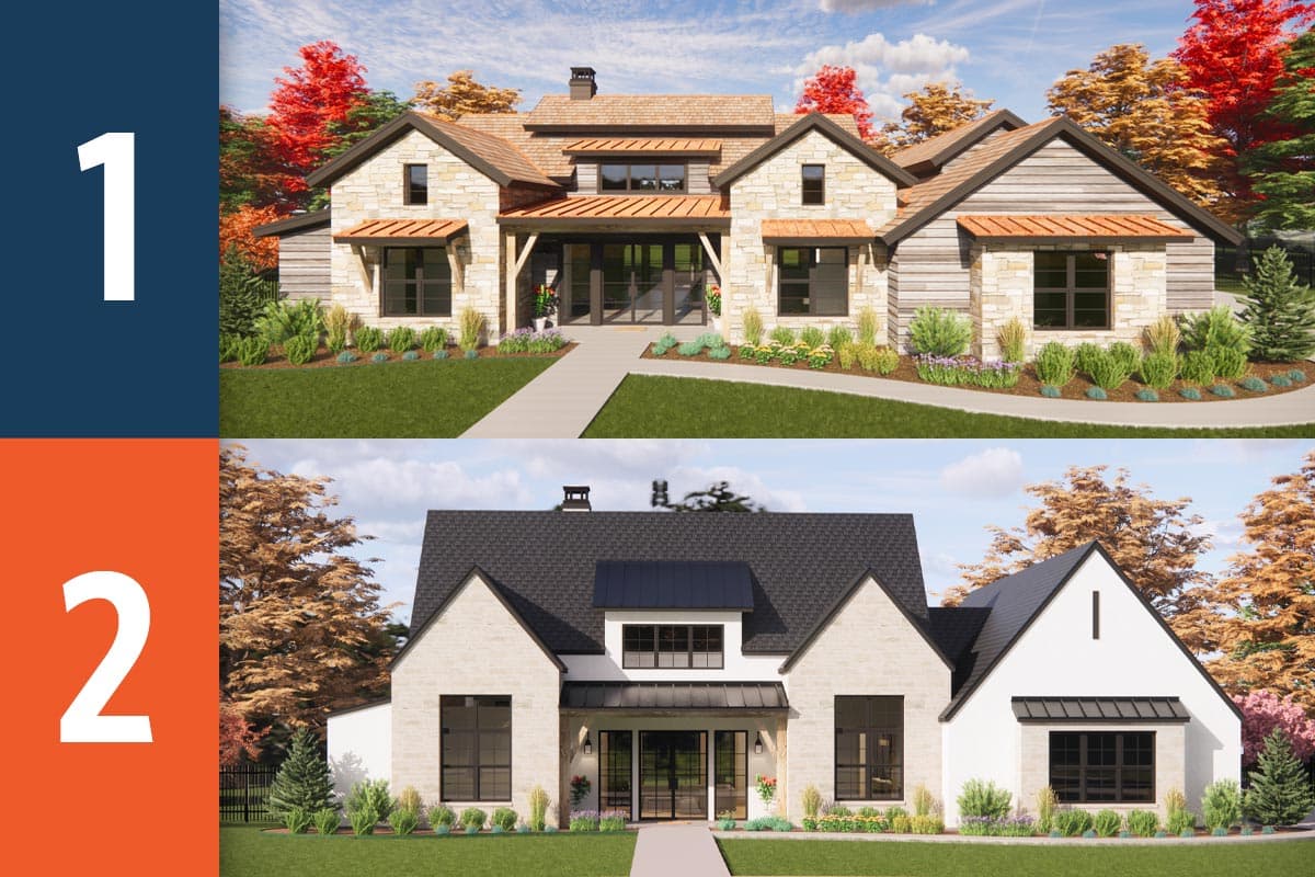 House plan exterior featuring two stories, stone and siding exterior, multiple gables, and covered porch entryways.