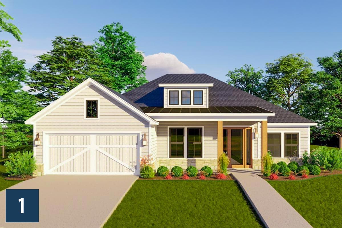 Modern Farmhouse house plan exterior. One story with a gable front, dormer, and attached garage. Features stone accents and a covered entry.
