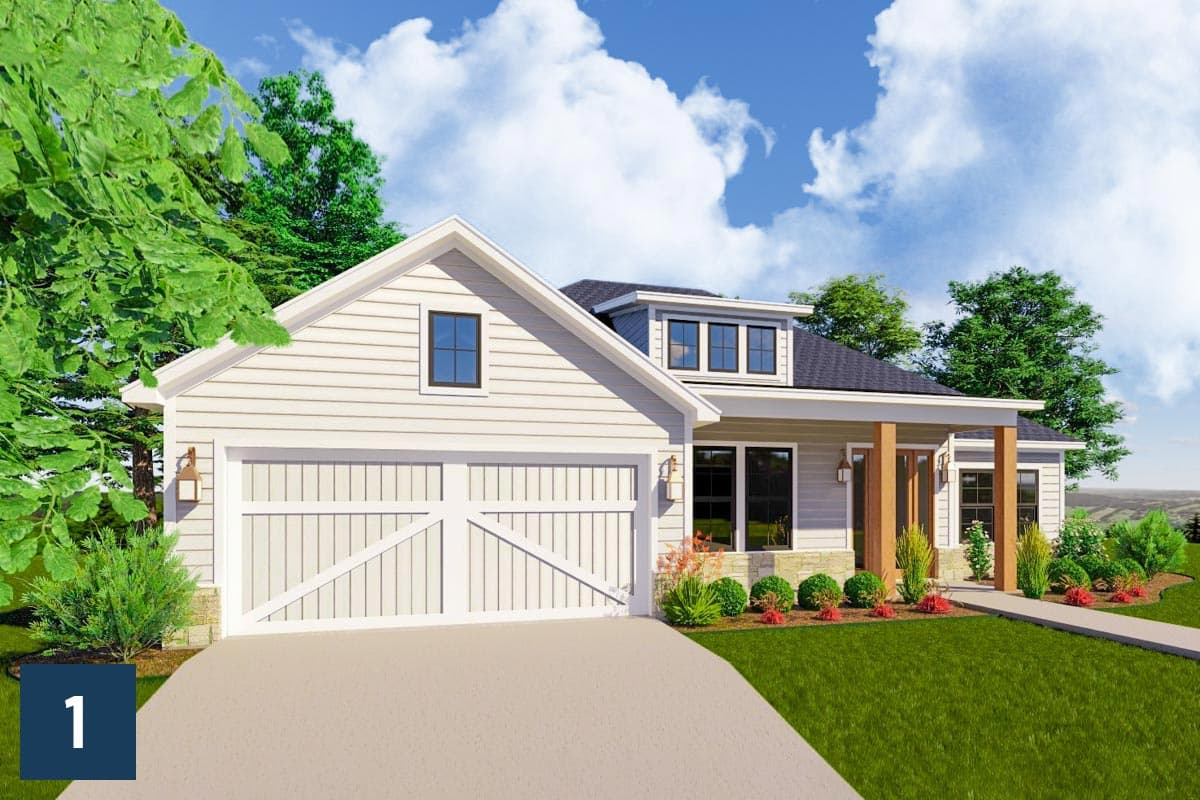 Modern Farmhouse house plan exterior with a two-car garage, gable dormer, and covered entry with wood columns.