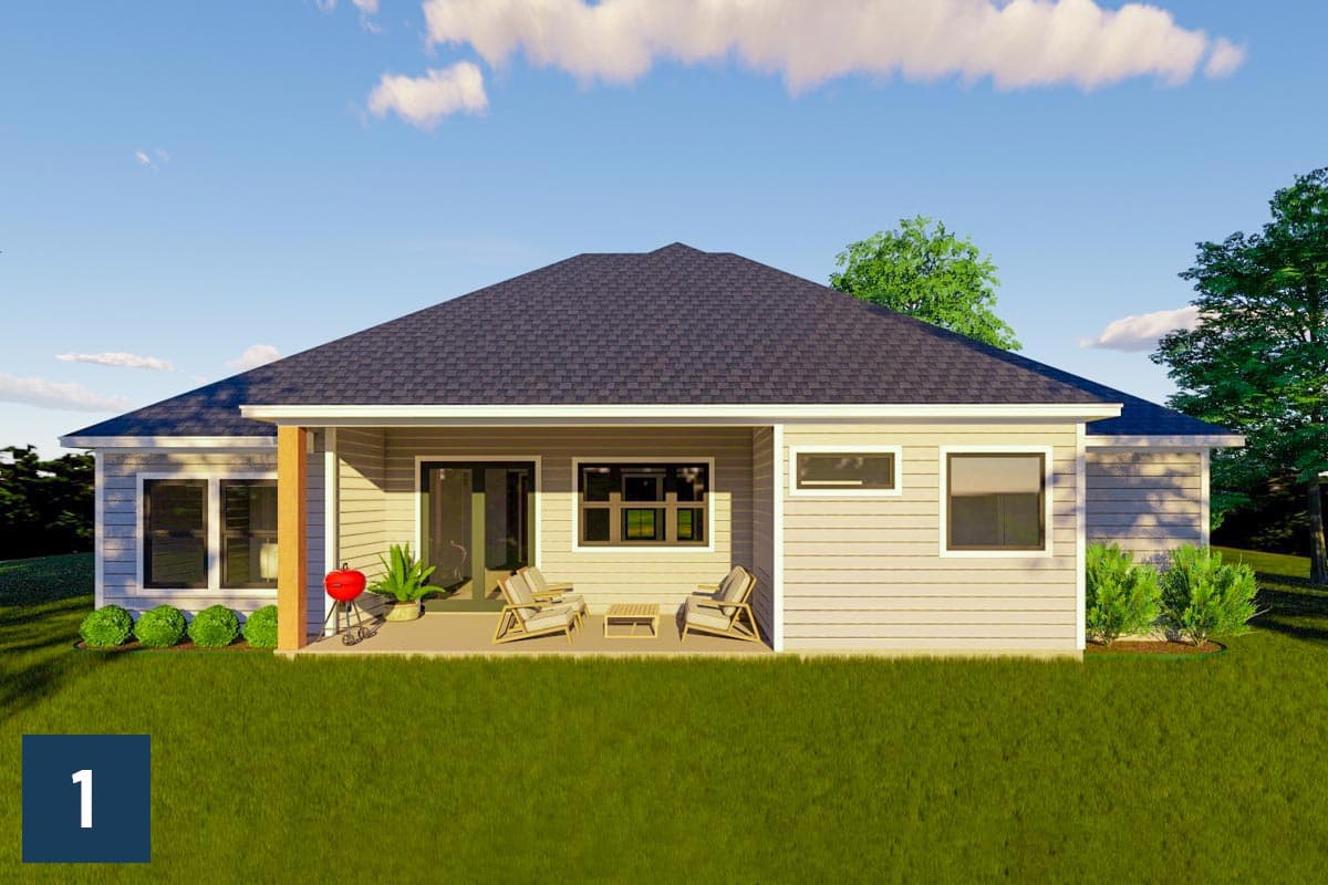 House plan exterior: Single-story home with a covered patio, prominent gables, and horizontal siding.