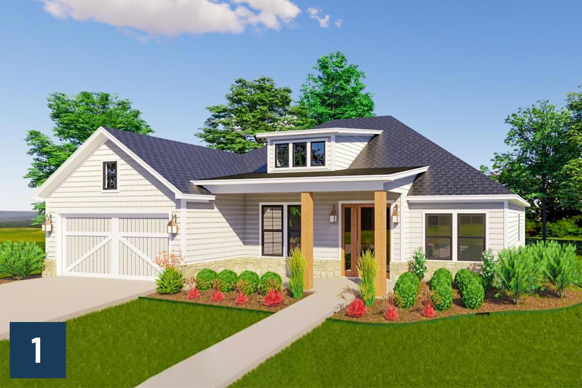House plan exterior: Modern farmhouse style, one story, with a front-facing garage, covered entry porch supported by wood columns, and dormer.