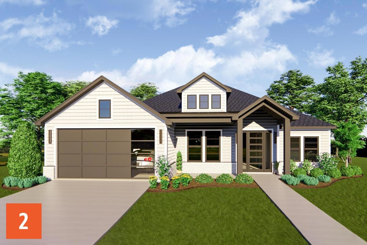 House plan exterior: Modern Farmhouse style, one story, with a side-entry garage, gabled dormers, and covered entry.