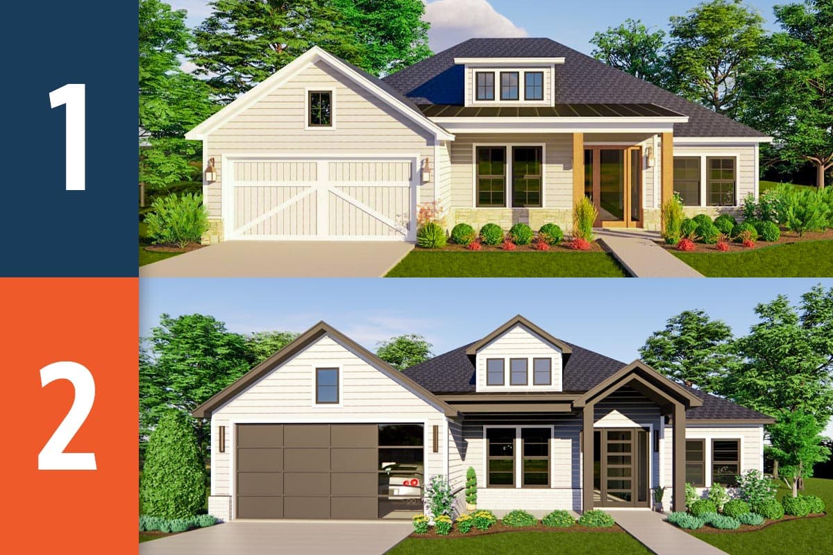 House plan exterior featuring two-story Craftsman design with gabled roof, dormer, and attached garage. Includes a porch with wood columns.