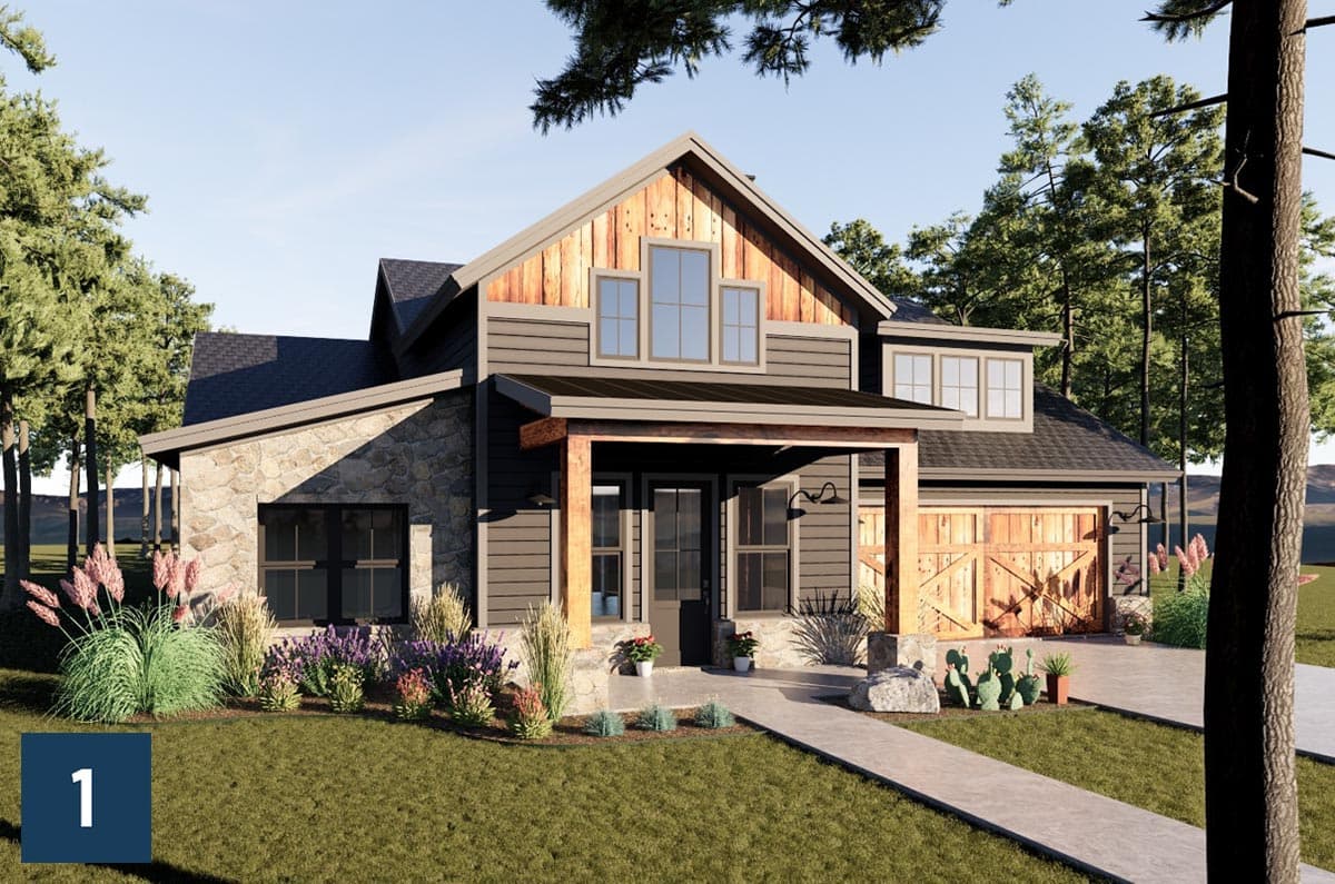 House plan exterior: Modern Farmhouse style, two stories, stone and siding, covered porch with wooden beams, and a double garage.