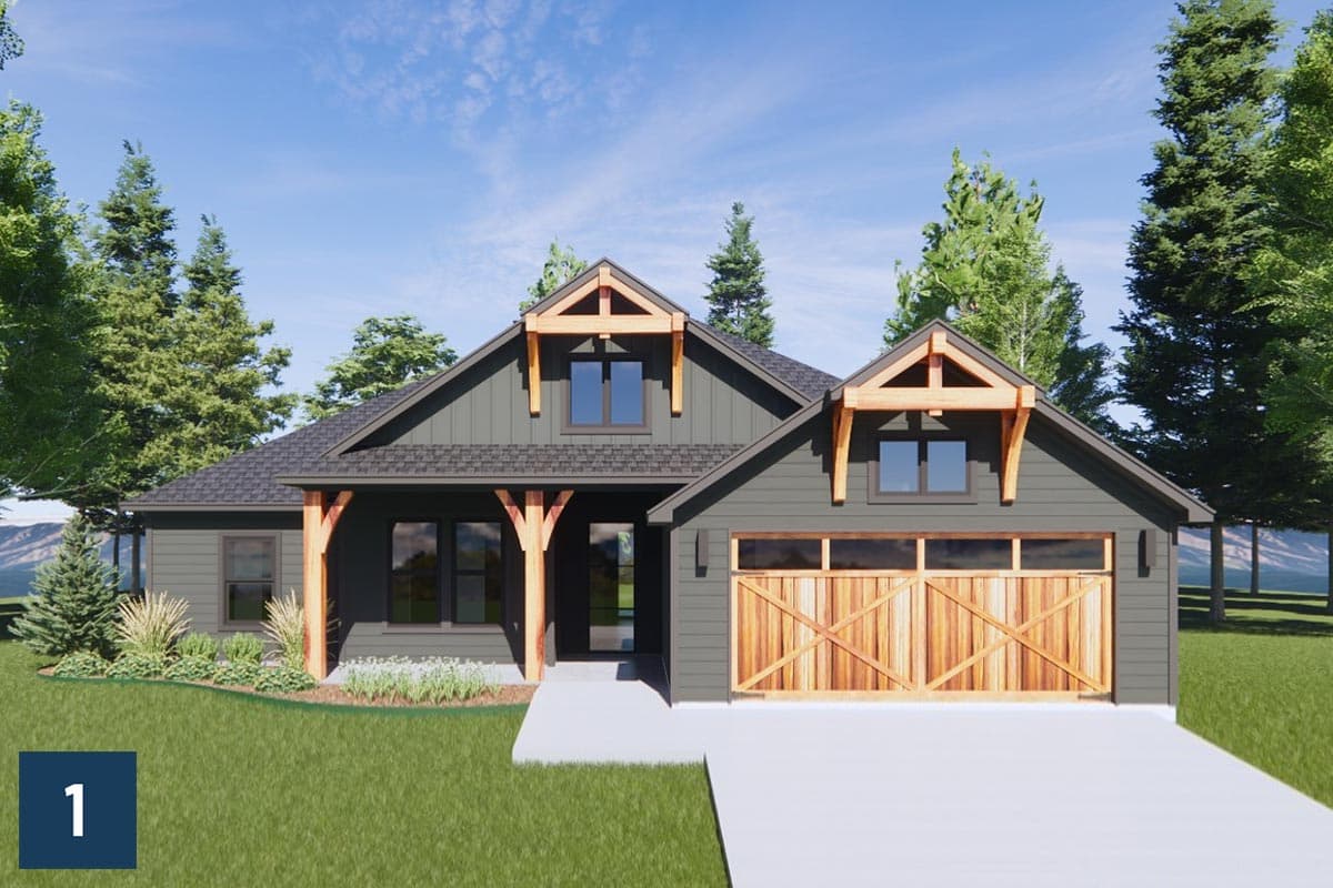 House plan exterior: Modern Farmhouse style, one story, with gabled dormers, exposed beams, covered porch, and X-design garage doors.