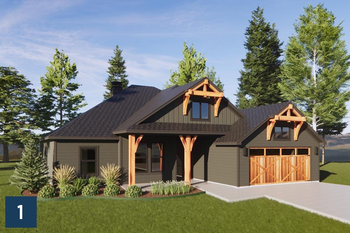 House plan exterior shows a single-story modern farmhouse with a covered porch, gables, and a two-car garage.