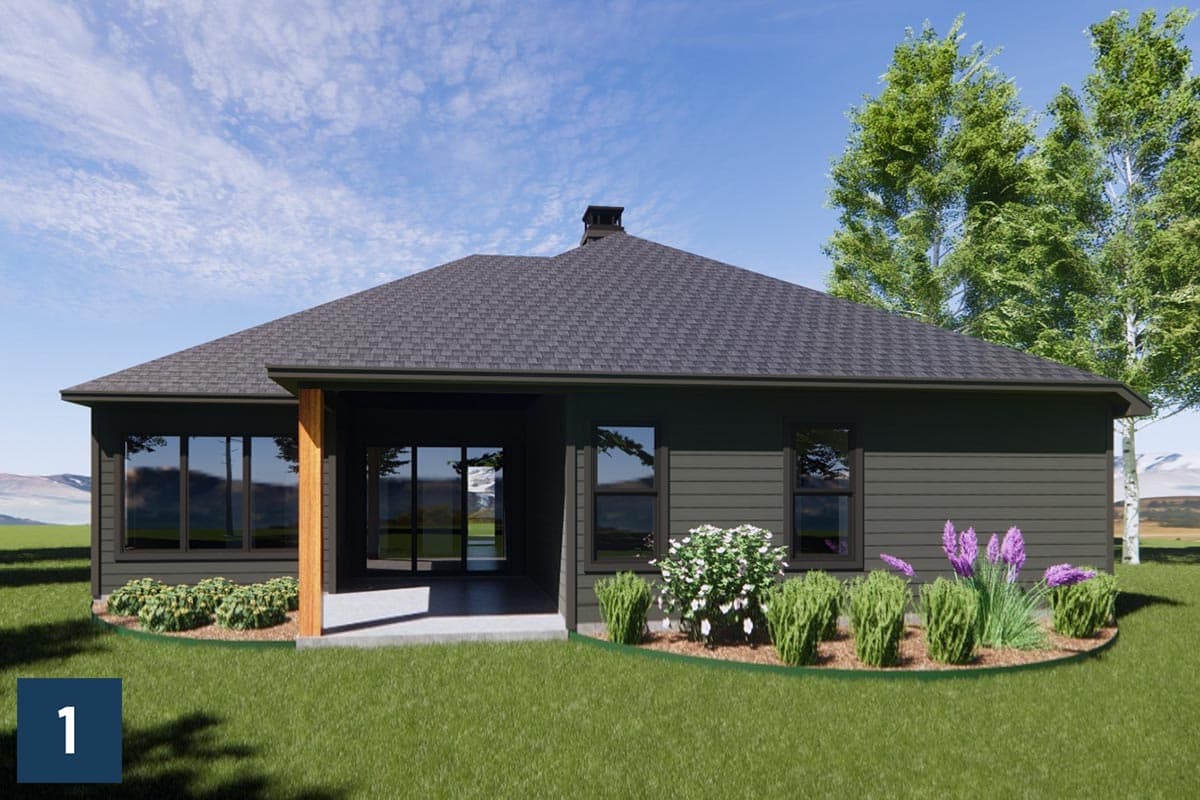 Modern house plan exterior with dark siding, prominent gable roof, covered patio, and large windows.