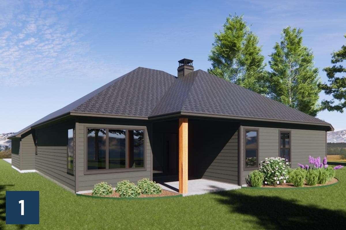 House plan exterior rendering of a single-story home with a covered porch, large windows, and a prominent chimney.