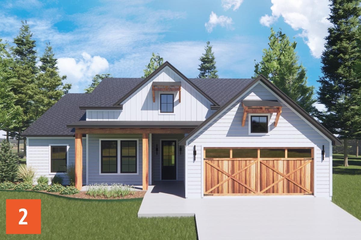Modern Farmhouse style house plan exterior with a covered front porch, gables, dormers, and wood garage doors.