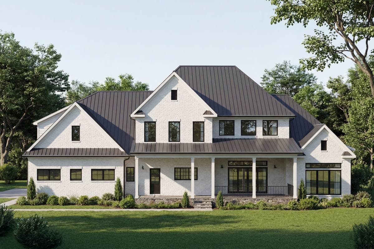 House plan exterior: two-story Modern Farmhouse with white brick, metal roof, gable dormers, and a covered front porch.