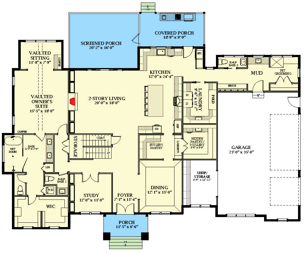 Plan 46492LA: 2-Story European House Plan with Screened Porch and Vaulted Owner's Suite - 4235 Sq Ft - Floor Plan - Main Level - European, Traditional, Transitional