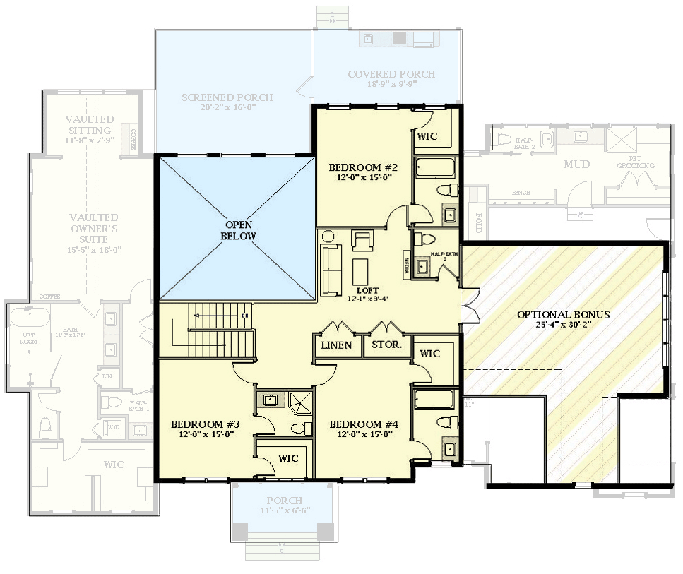 Plan 46492LA: 2-Story European House Plan with Screened Porch and Vaulted Owner's Suite - 4235 Sq Ft - Floor Plan - 2nd Floor - European, Traditional, Transitional